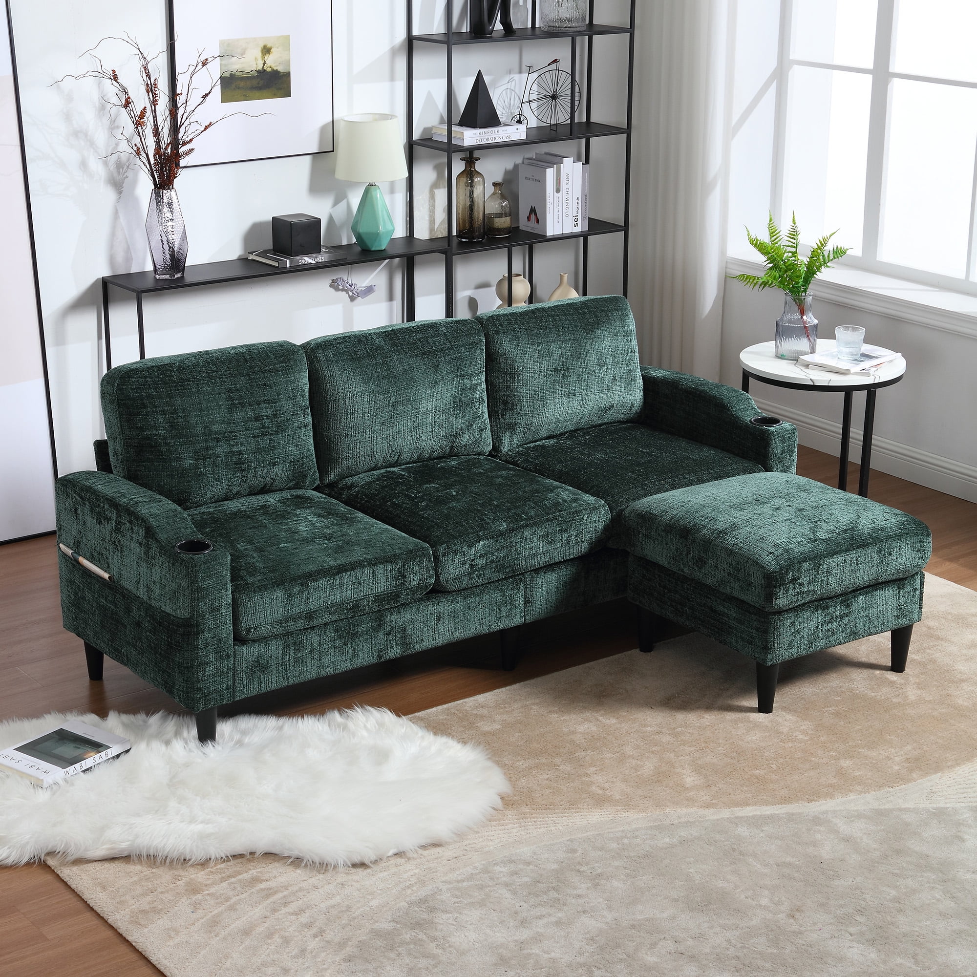 MOONMISS Chenille Upholstered L-Shaped Living Room Sofa with Storage Ottoman-Emerald