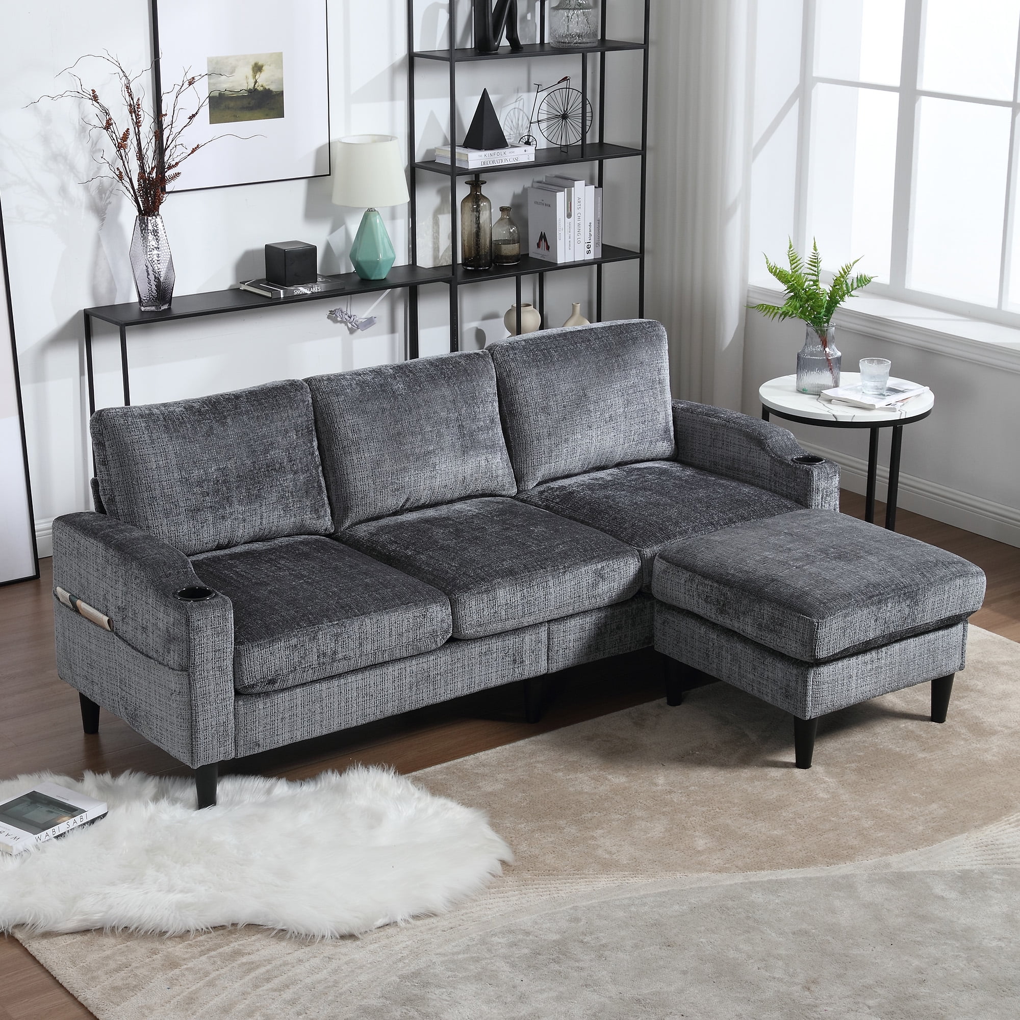 MOONMISS Chenille Upholstered L-Shaped Living Room Sofa with Storage Ottoman-Gray
