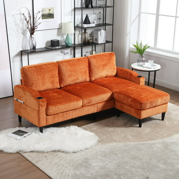 MOONMISS Chenille Upholstered L-Shaped Living Room Sofa with Storage Ottoman-Orange