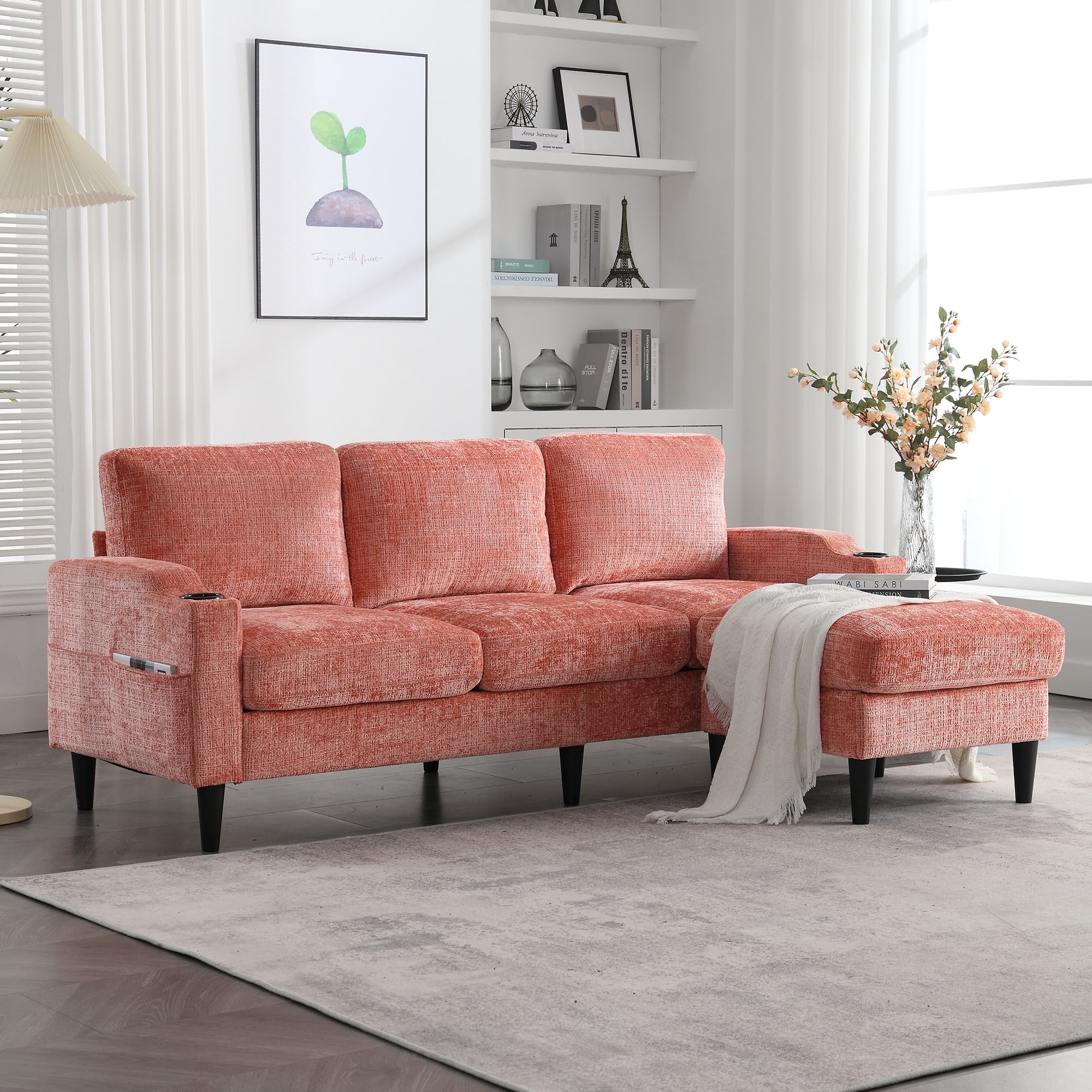 MOONMISS Chenille Upholstered L-Shaped Living Room Sofa with Storage Ottoman-Pink