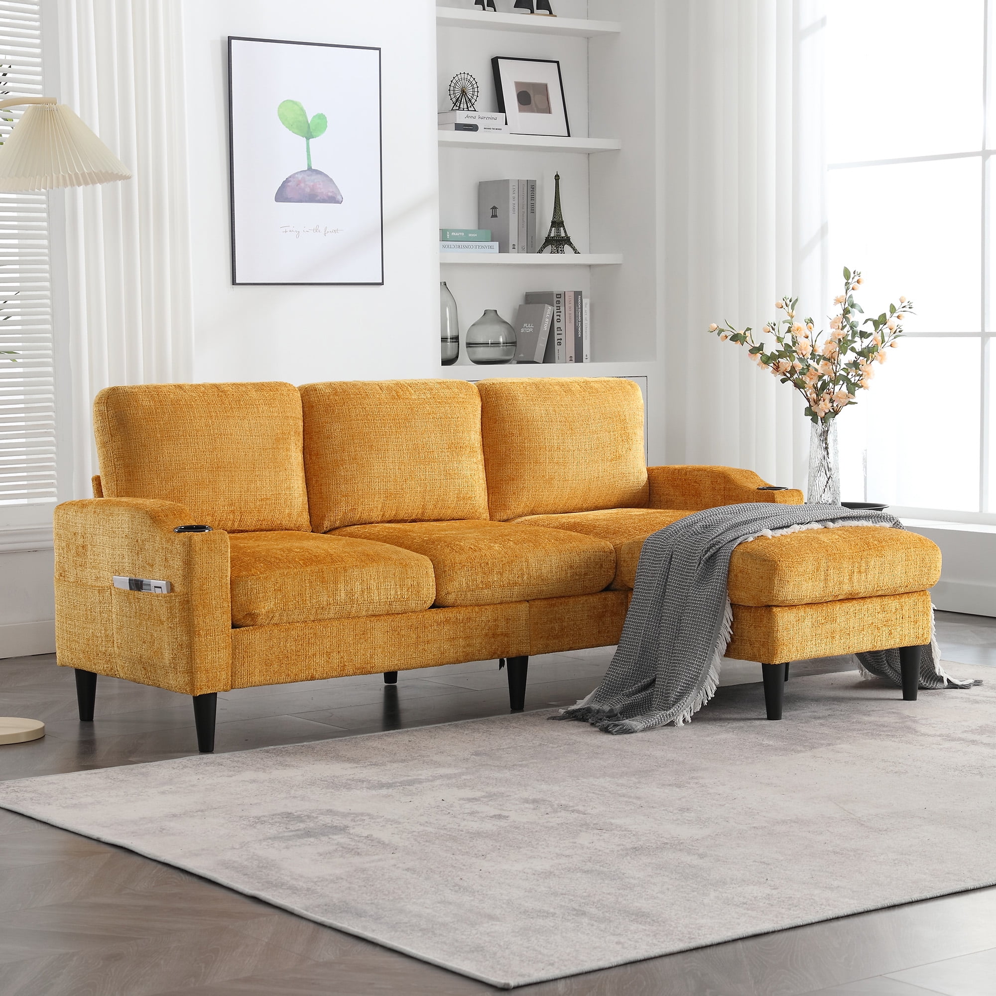 MOONMISS Chenille Upholstered L-Shaped Living Room Sofa with Storage Ottoman-Yellow