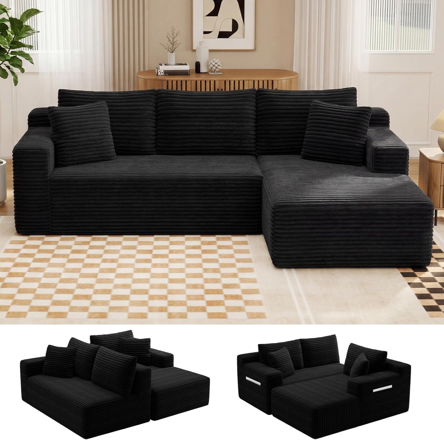 MOONMISS L-Shaped Cloud Sectional Couch with Chaise,Modern Corduroy Upholstered Modular Boneless Sofa,No Assembly for Living Room Apartment(Black,Right)