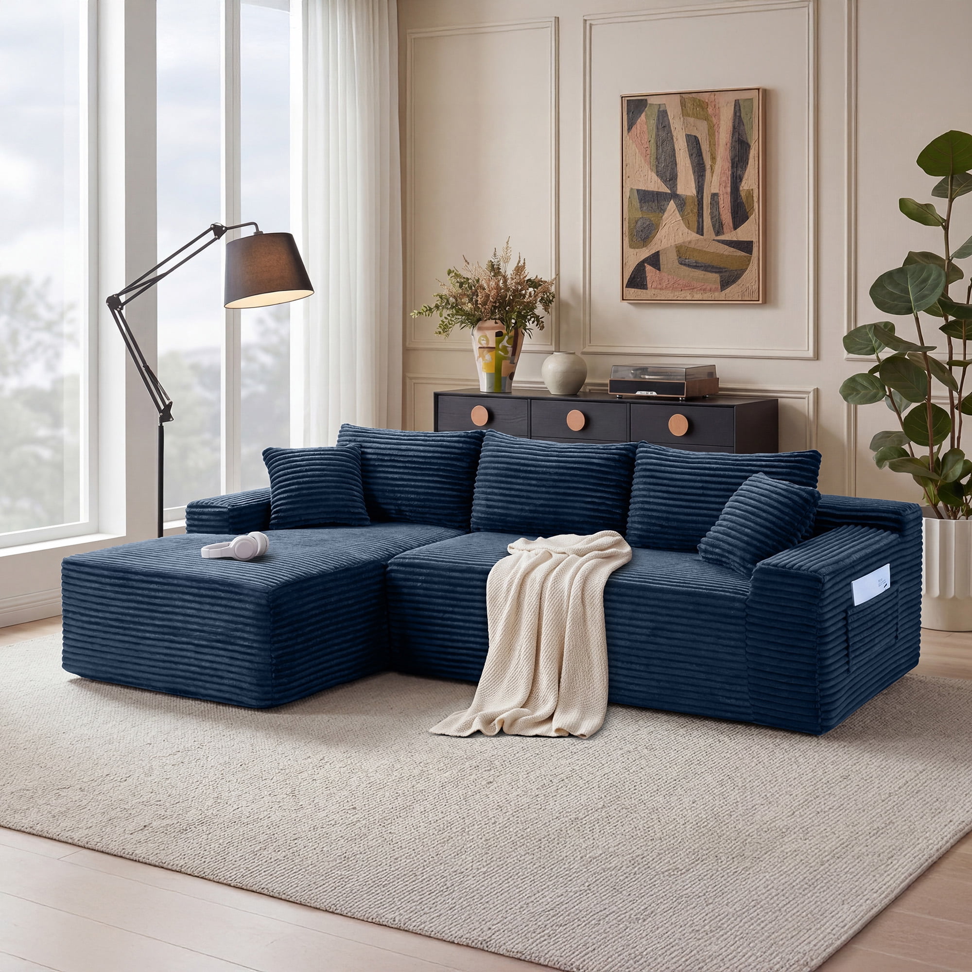 MOONMISS L-Shaped Cloud Sectional Couch with Chaise,Modern Corduroy Upholstered Modular Boneless Sofa,No Assembly for Living Room Apartment(Blue,Left)