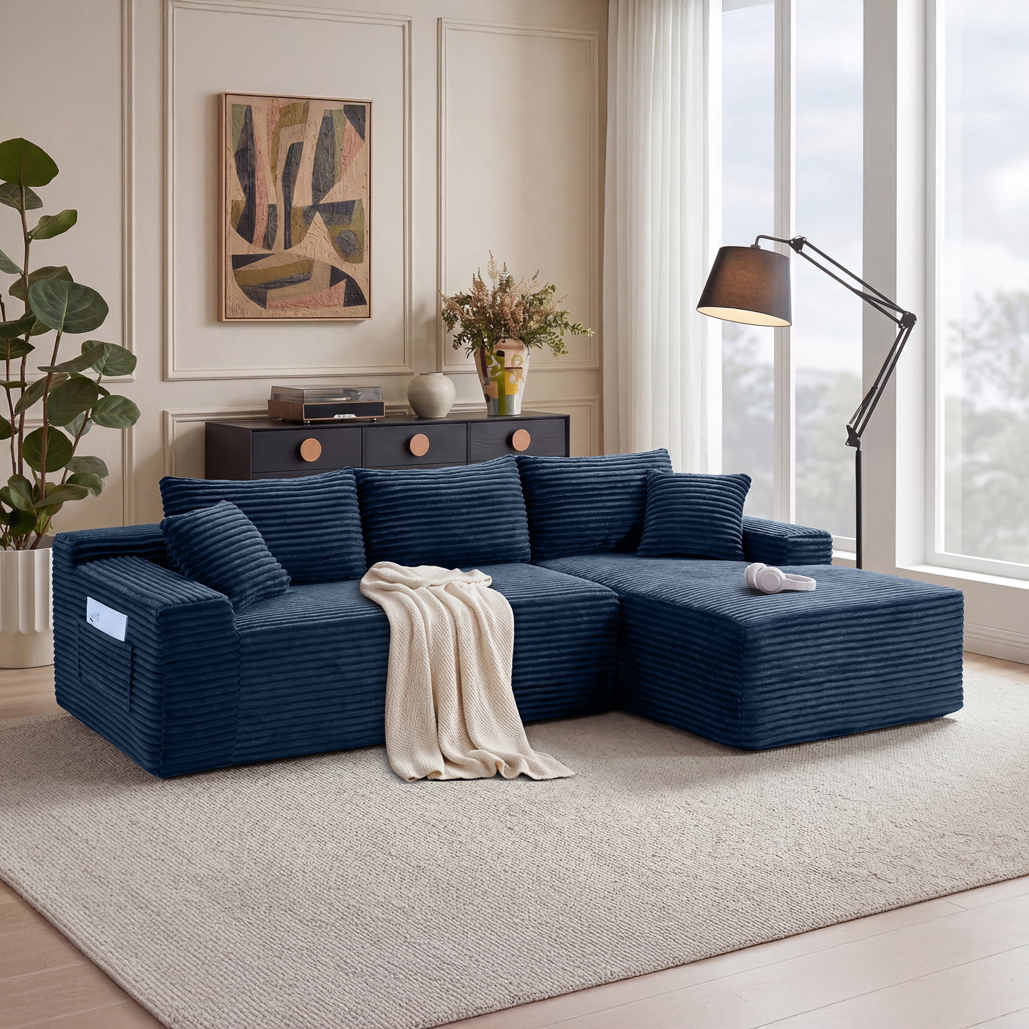 MOONMISS L-Shaped Cloud Sectional Couch with Chaise,Modern Corduroy Upholstered Modular Boneless Sofa,No Assembly for Living Room Apartment(Blue,Right)