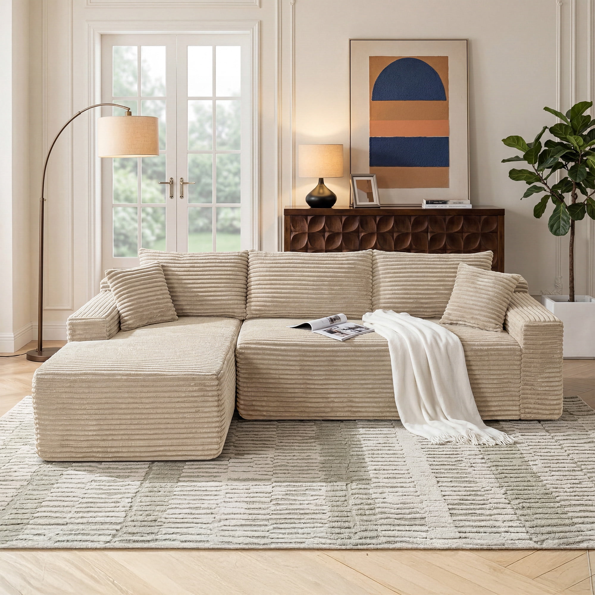 MOONMISS L-Shaped Cloud Sectional Couch with Chaise,Modern Corduroy Upholstered Modular Boneless Sofa,No Assembly for Living Room Apartment(Camel,Left)