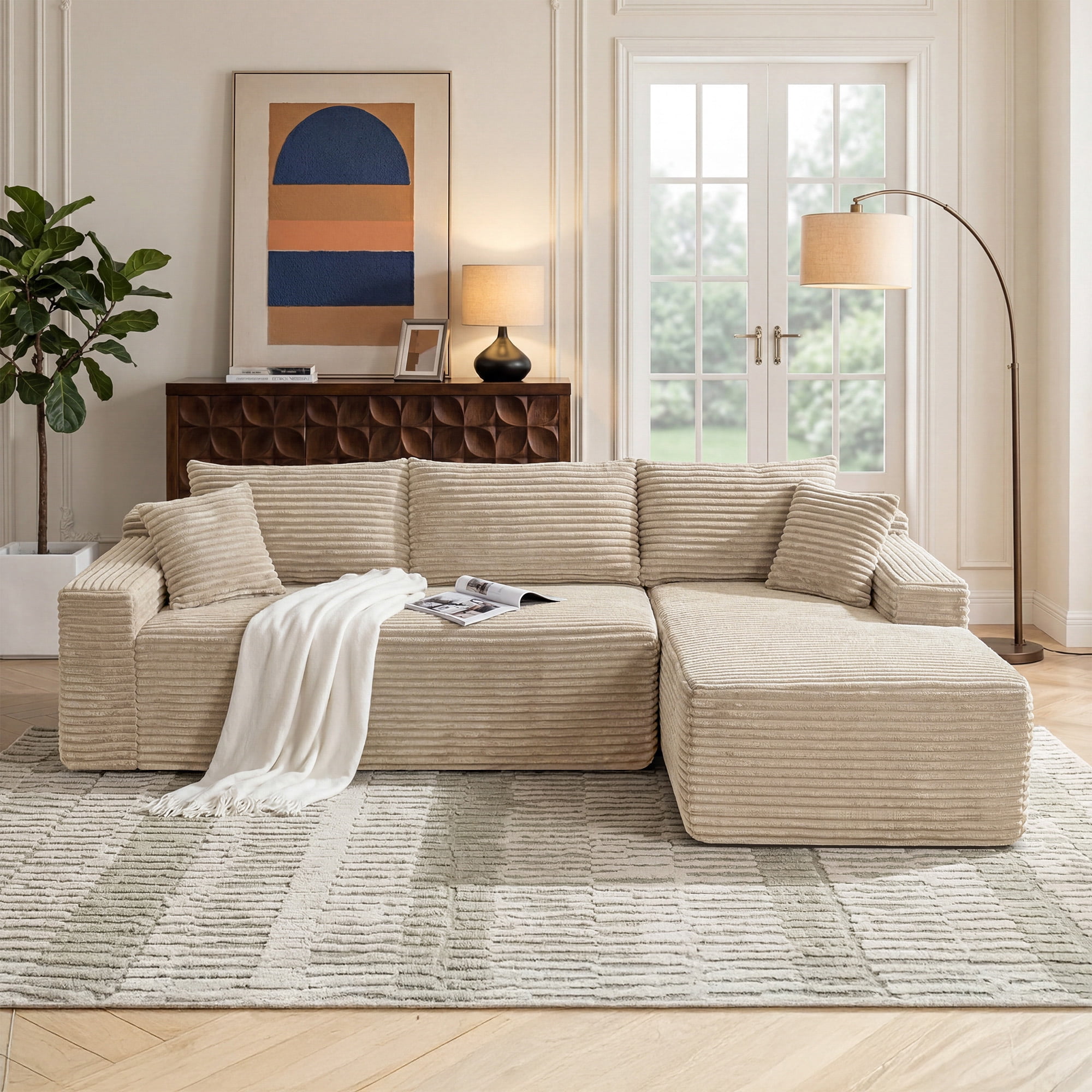 MOONMISS L-Shaped Cloud Sectional Couch with Chaise,Modern Corduroy Upholstered Modular Boneless Sofa,No Assembly for Living Room Apartment(Camel,Right)