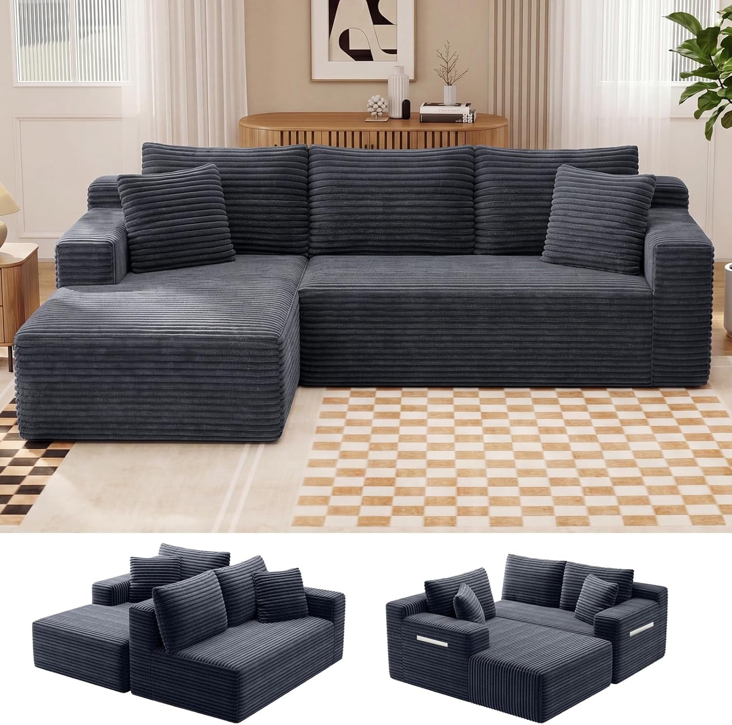 MOONMISS L-Shaped Cloud Sectional Couch with Chaise,Modern Corduroy Upholstered Modular Boneless Sofa,No Assembly for Living Room Apartment(Gray,Left)