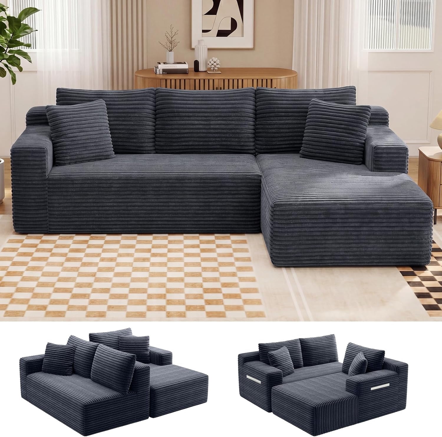 MOONMISS L-Shaped Cloud Sectional Couch with Chaise,Modern Corduroy Upholstered Modular Boneless Sofa,No Assembly for Living Room Apartment(Gray,Right)