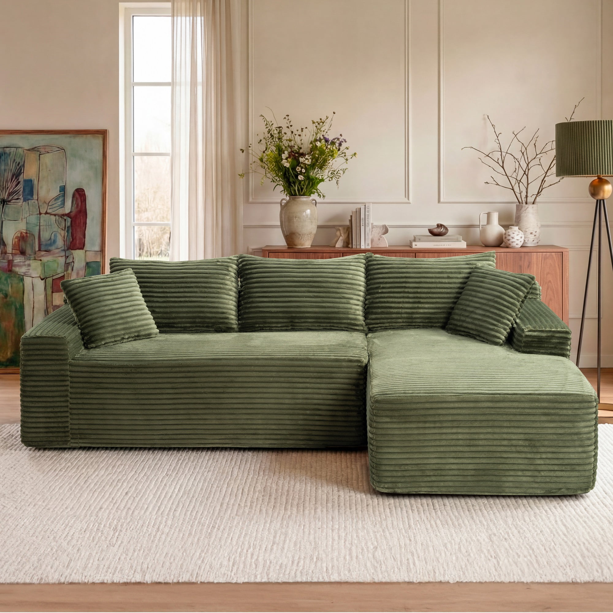 MOONMISS L-Shaped Cloud Sectional Couch with Chaise,Modern Corduroy Upholstered Modular Boneless Sofa,No Assembly for Living Room Apartment(Green,Right)