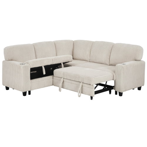 MOONMISS L-Shaped Sofa with Pull Out Sofa Bed, Sleeper Sofa Couch Bed with Storage Seat, 5 Seat Sectional Sofa Bed with USB, Sectional Sofa Couch for Living Room, Apartment,Beige