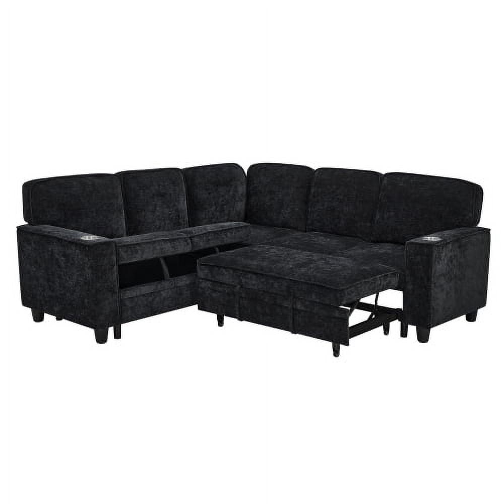 MOONMISS L-Shaped Sofa with Pull Out Sofa Bed, Sleeper Sofa Couch Bed with Storage Seat, 5 Seat Sectional Sofa Bed with USB, Sectional Sofa Couch for Living Room, Apartment,Black