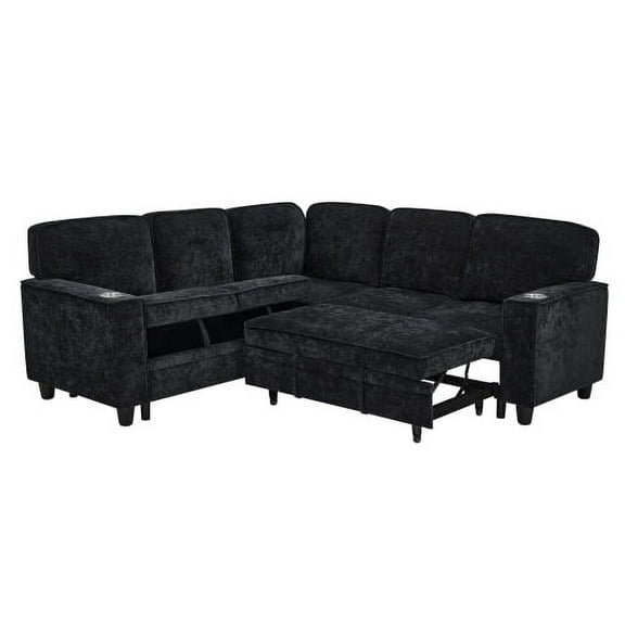 MOONMISS L-Shaped Sofa with Pull Out Sofa Bed, Sleeper Sofa Couch Bed with Storage Seat, 5 Seat Sectional Sofa Bed with USB, Sectional Sofa Couch for Living Room, Apartment,Black