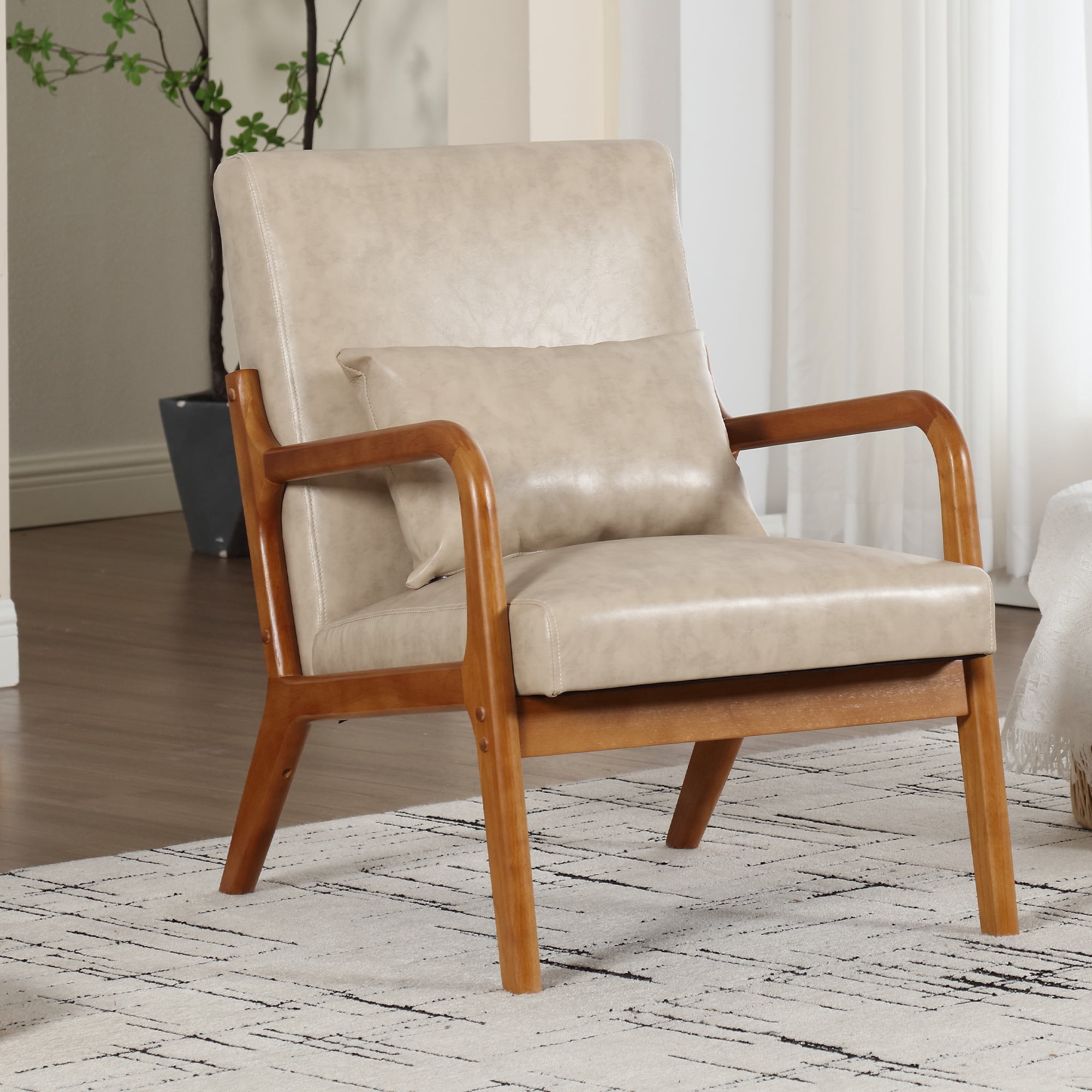 MOONMISS Leather Upholstered Mid-Century Modern Wood Frame Single ...