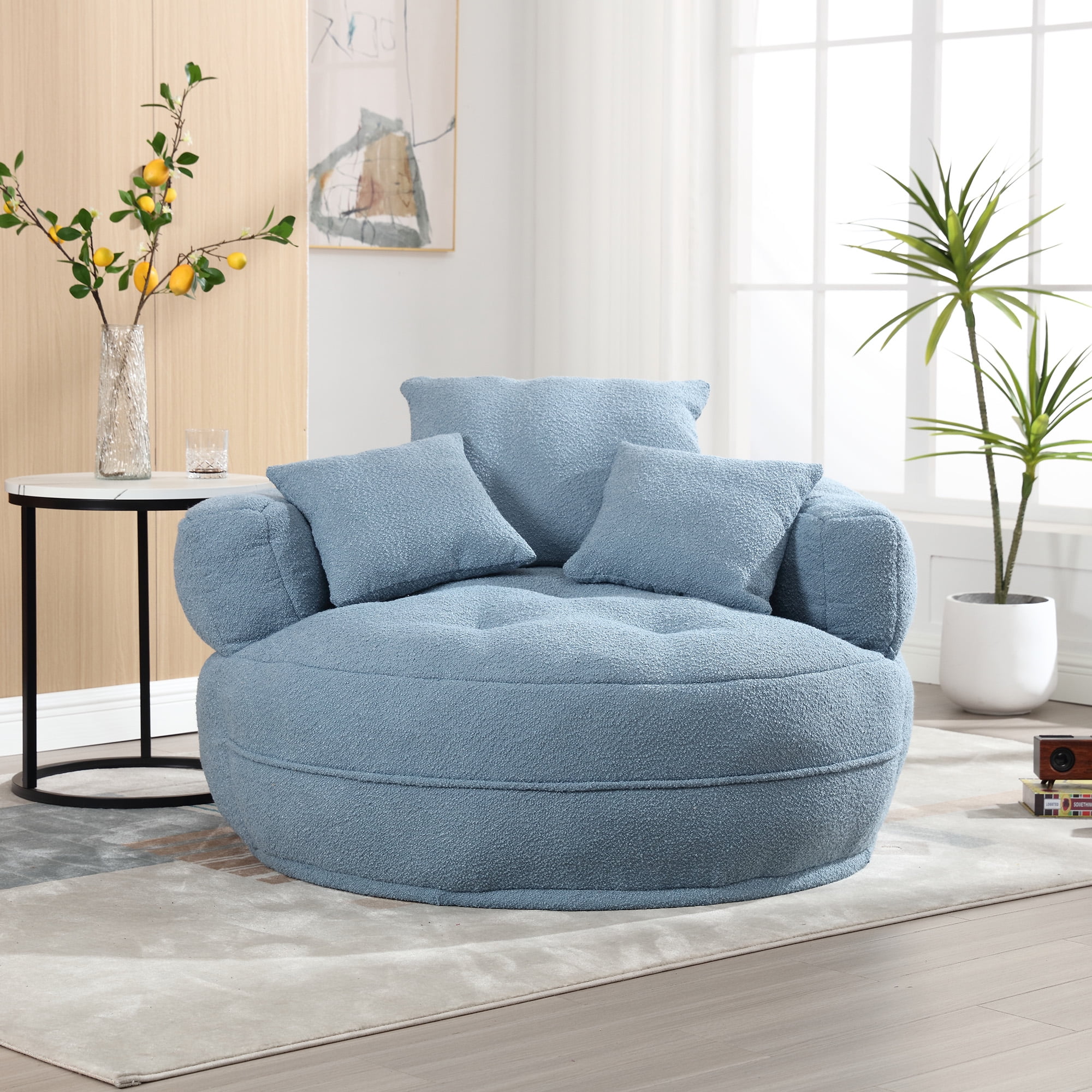 MOONMISS Light Blue Round Accent Chair with Tufted Seat