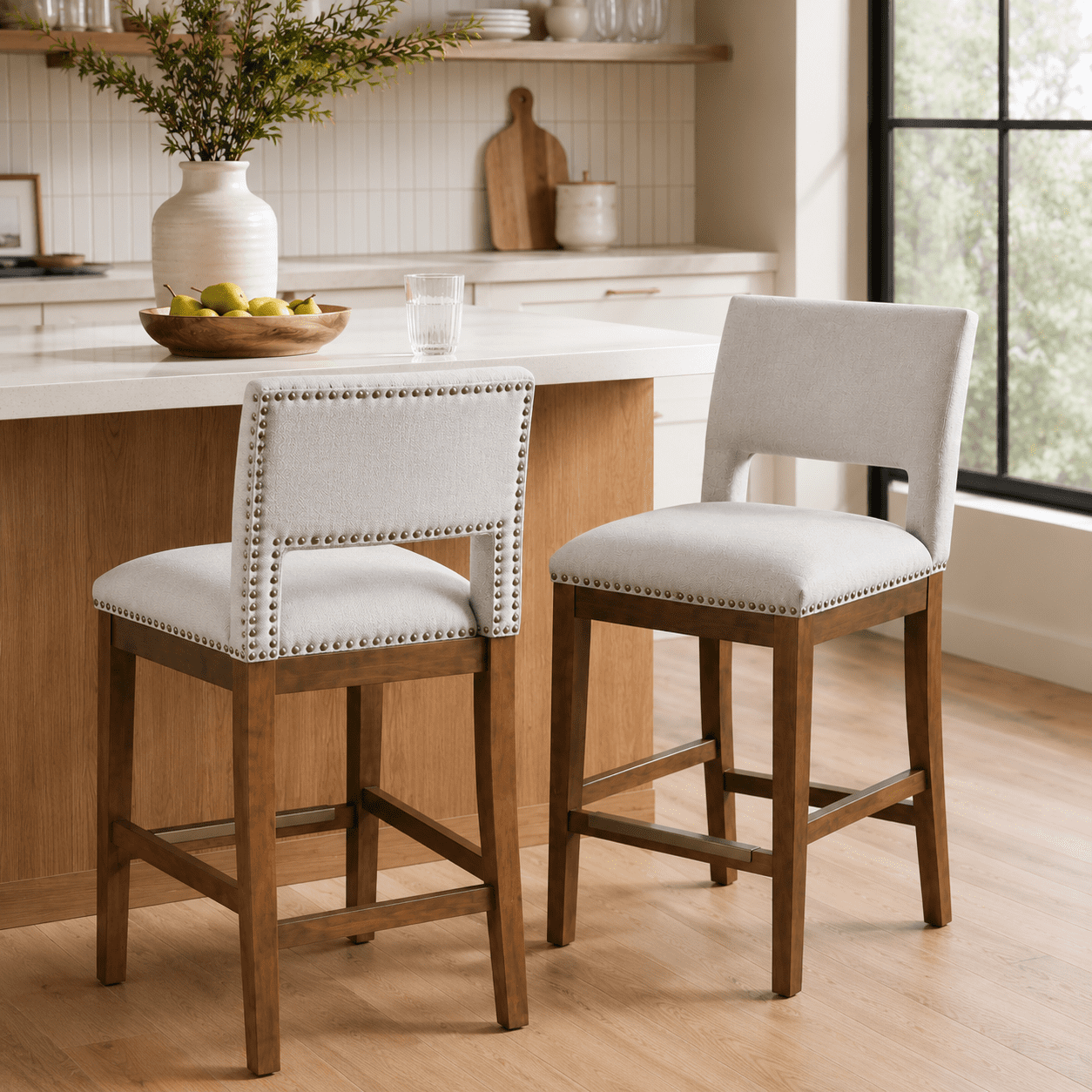 MOONMISS Linen Bar Stool with Open Back Set of 2,26" Seat Height Upholstered Wooden Counter Chair with Nailhead Trim for Kitchen