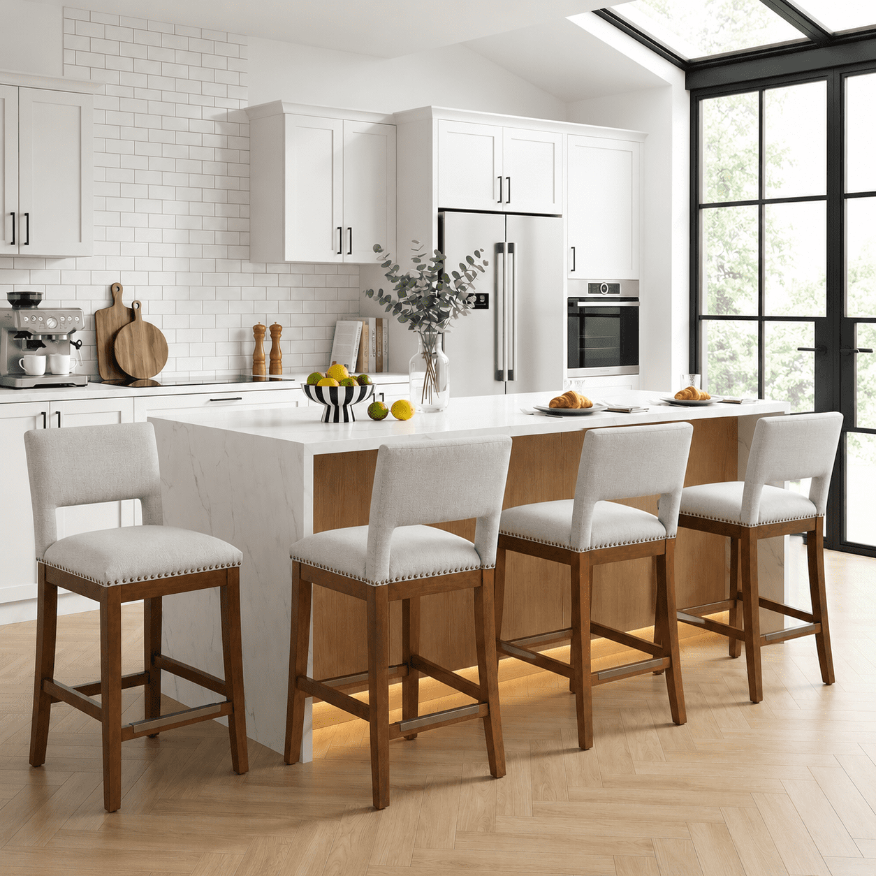 MOONMISS Linen Bar Stool with Open Back Set of 4,26" Seat Height Upholstered Wooden Counter Chair with Nailhead Trim for Kitchen