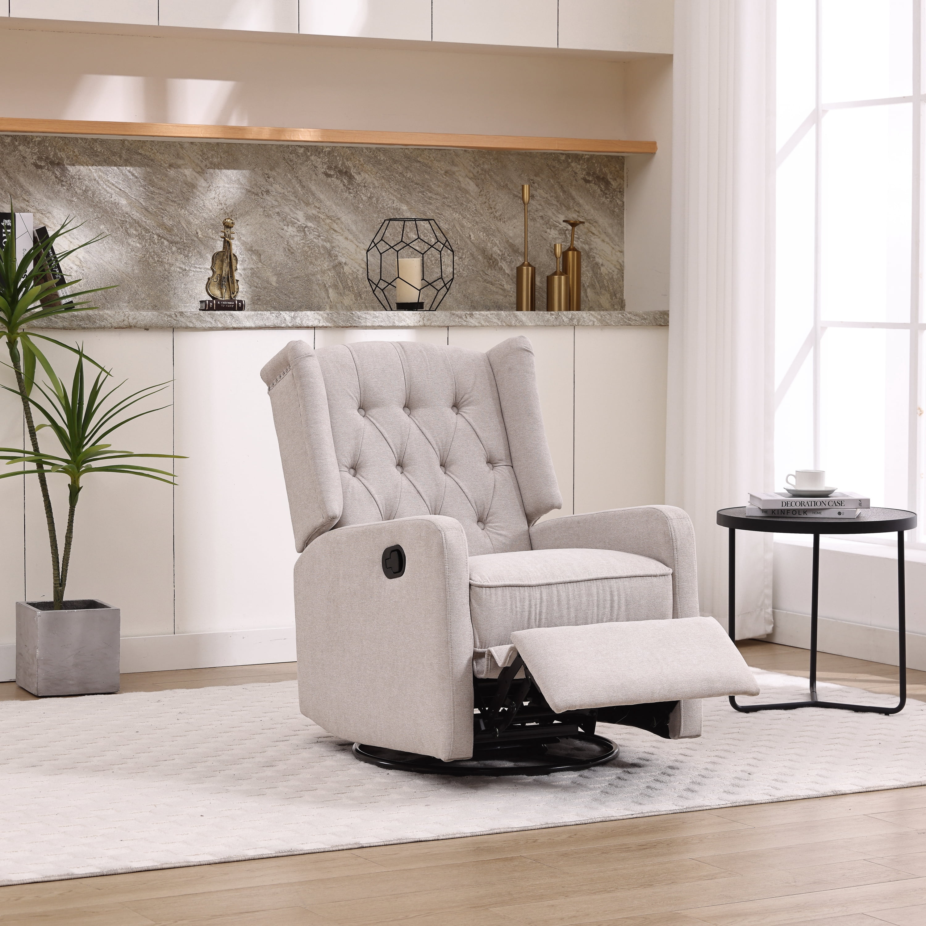 MOONMISS Linen Upholstered 360 Degree Swivel Rocking Recliner Chair for Bedroom,Living Room-Beige
