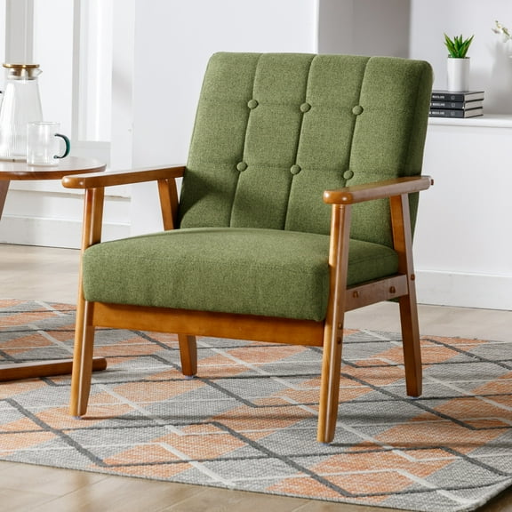 MOONMISS Linen Upholstered Tufted Mid-Century Modern Wood Frame Accent Chair for Living Room-Green