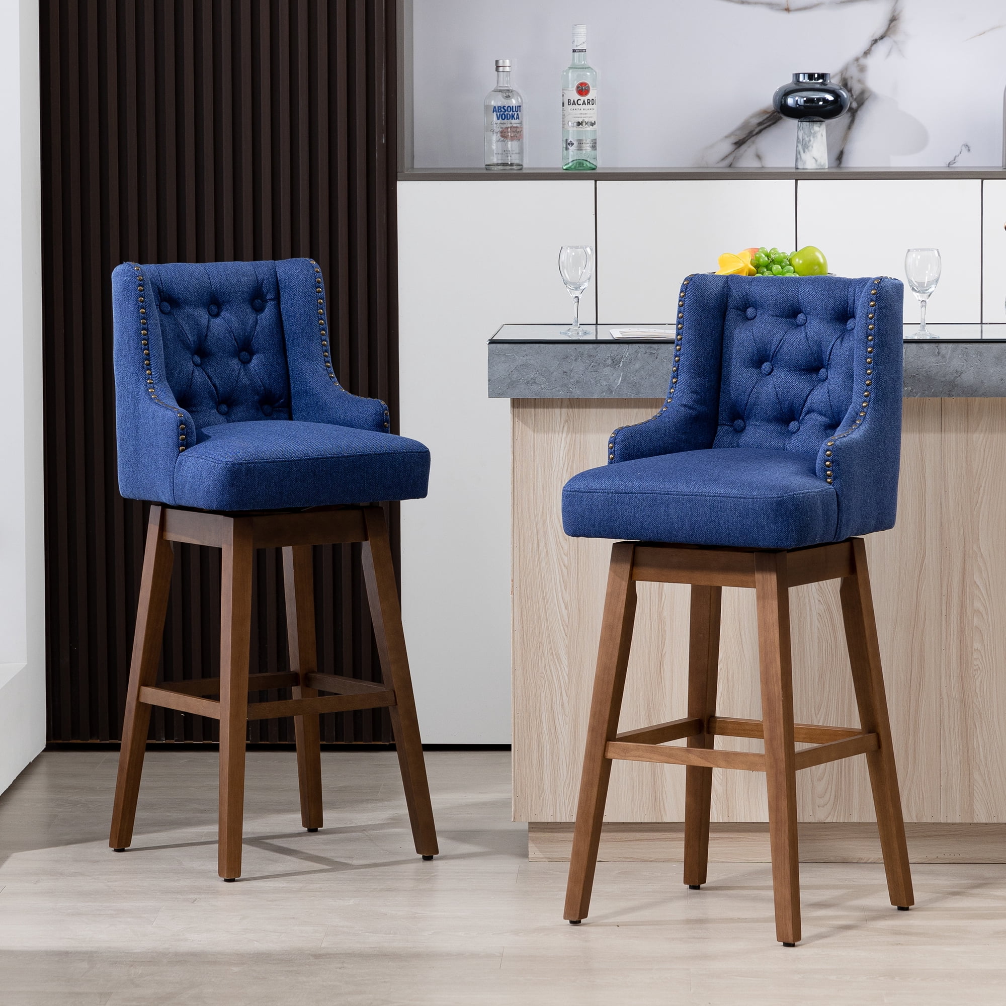 MOONMISS Linen Upholstered Tufted Wood Frame 360°Swivel Nailhead Bar Stools(set of 2)-Navy Blue