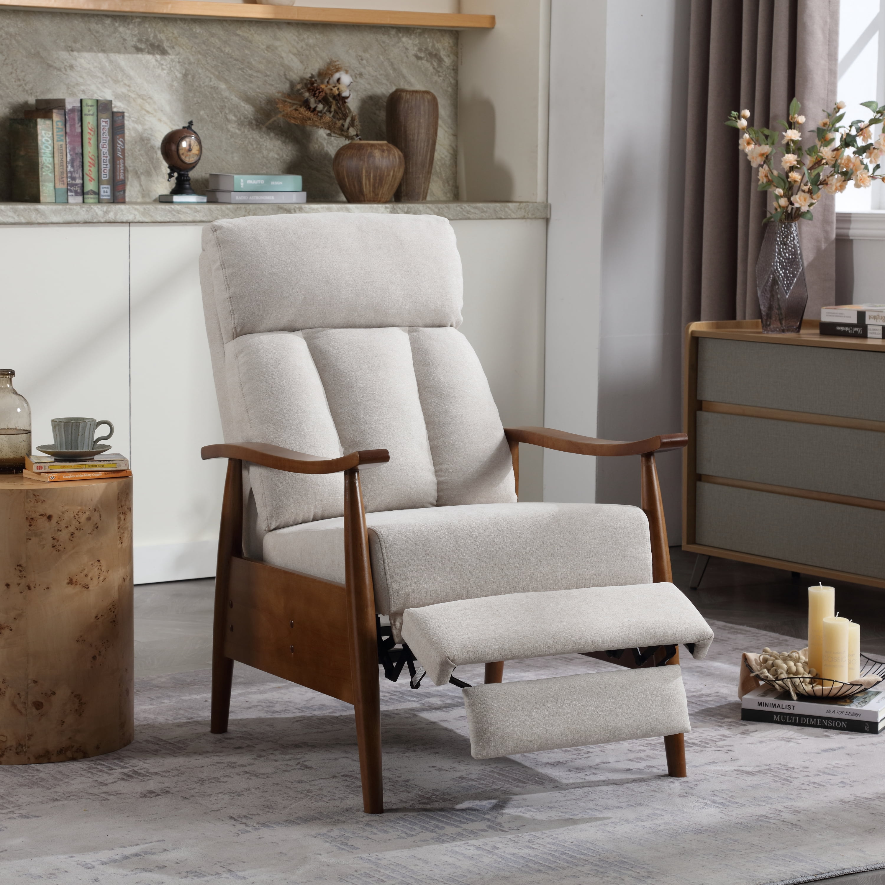 MOONMISS Linen Upholstered Wood Frame Adjustable Recliner Lounge Armchair for Living Room-Beige