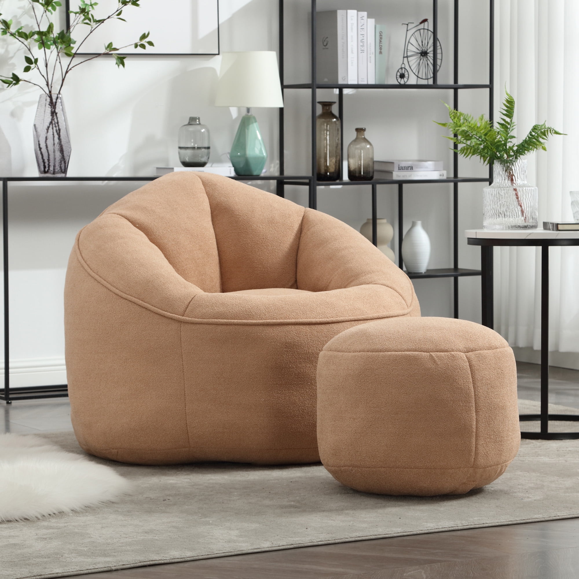 MOONMISS Microfiber Upholstered High Pressure Foam Round Lazy Bean Bag Sofa Chair with Ottoman-Tan