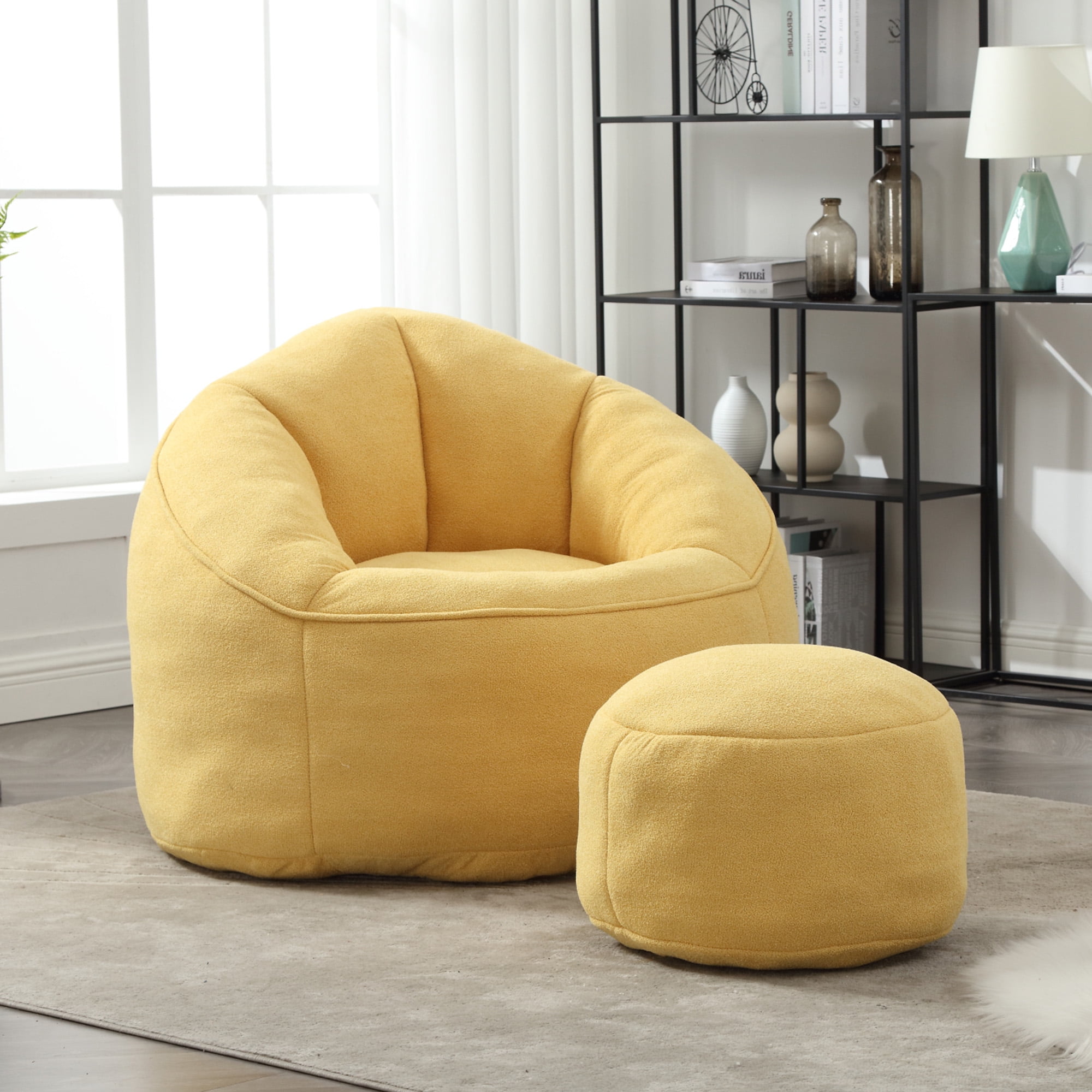 MOONMISS Microfiber Upholstered High Pressure Foam Round Lazy Bean Bag Sofa Chair with Ottoman-Yellow