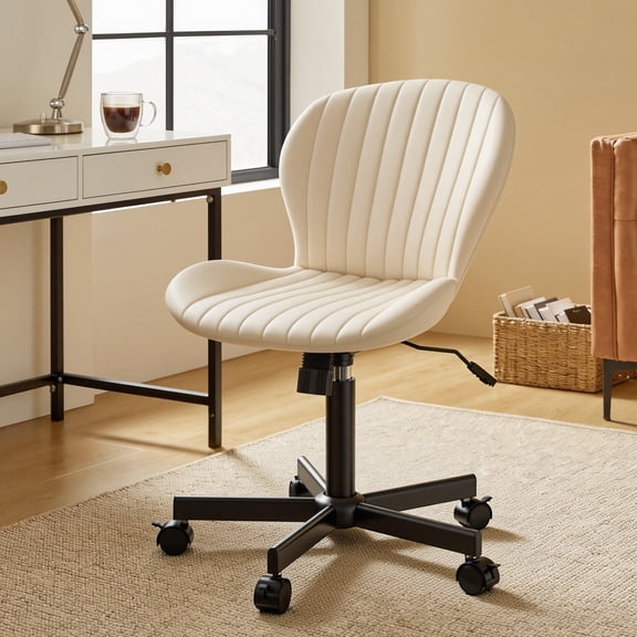 MOONMISS Mid Back PU Leather Desk Chair with Wheels,Armless Adjustable Swivel Vanity Chair for Bedroom Home Office Living Room,Beige