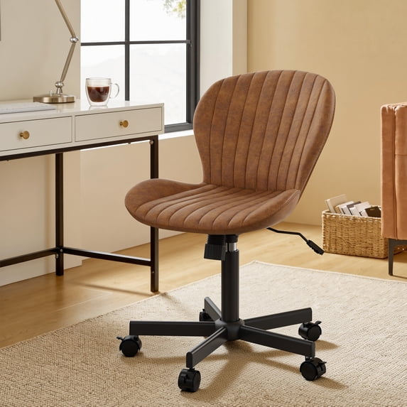 MOONMISS Mid Back PU Leather Desk Chair with Wheels,Armless Adjustable Swivel Vanity Chair for Bedroom Home Office Living Room,Brown