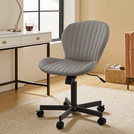 MOONMISS Mid Back PU Leather Desk Chair with Wheels,Armless Adjustable Swivel Vanity Chair for Bedroom Home Office Living Room,Gray