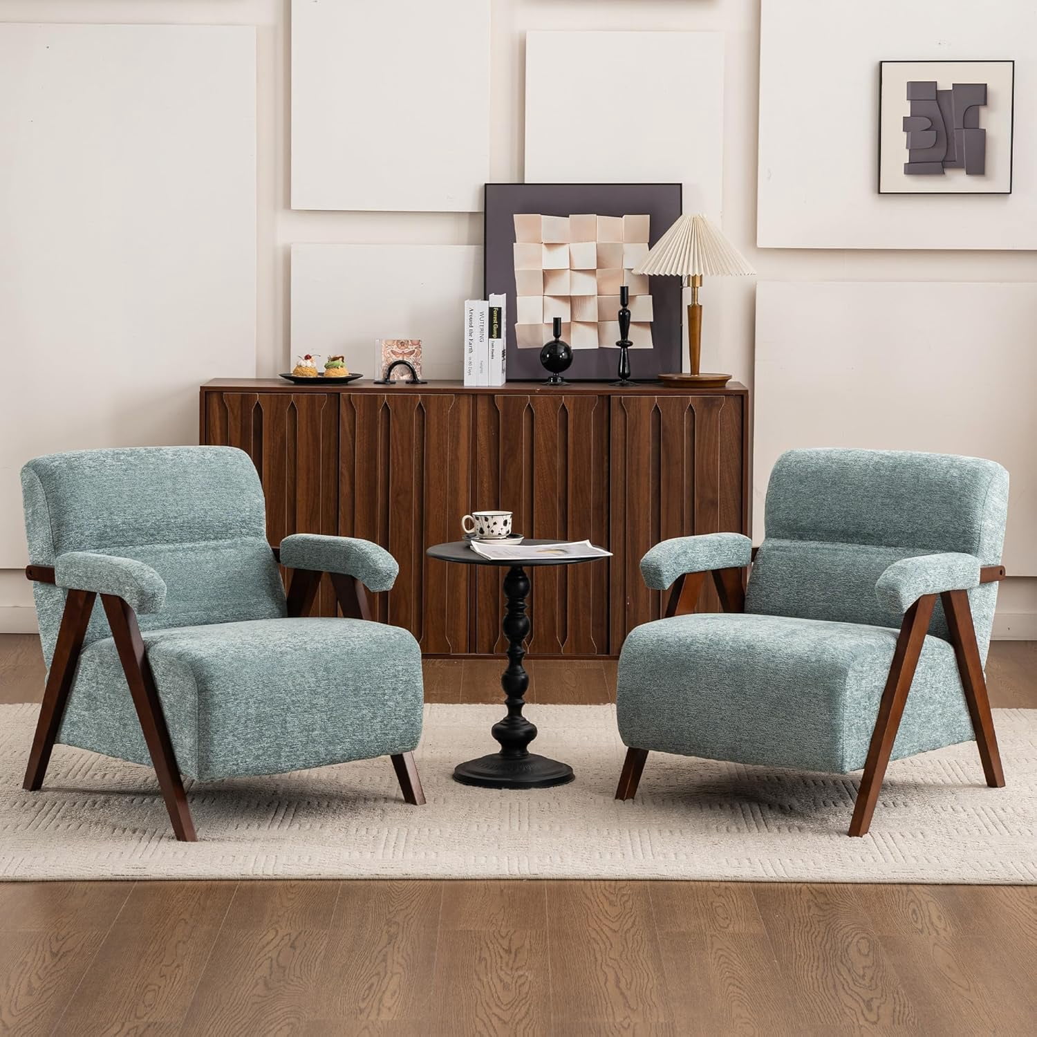 MOONMISS Mid-Century Accent Chair（Set of 2），Armchair for Living Room with Thick Cushions,Green