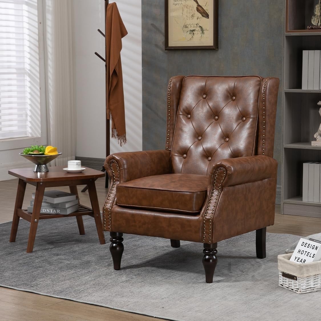 MOONMISS Mid Century Chair PU Leather Accent Armchair Tufted Button Back Rivet Trim Ergonomic Design Modern Living Room Bedroom Home Office Seating Furniture