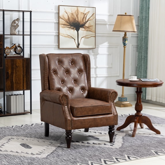 MOONMISS Mid-Century Leather Upholstered Tufted Nailhead Wood Frame Armchair for Living Room-Brown