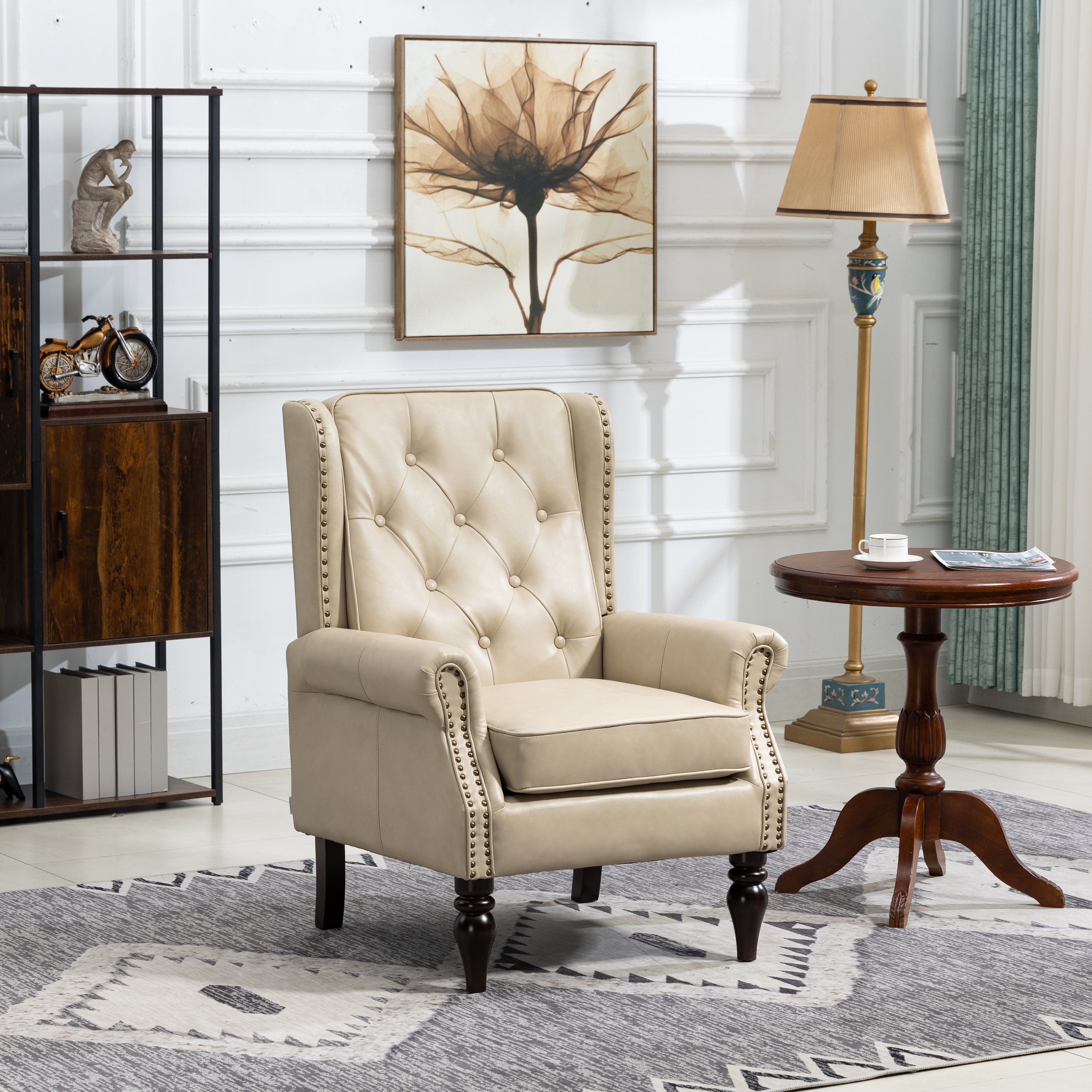 MOONMISS Mid-Century Leather Upholstered Tufted Nailhead Wood Frame Armchair for Living Room-Camel