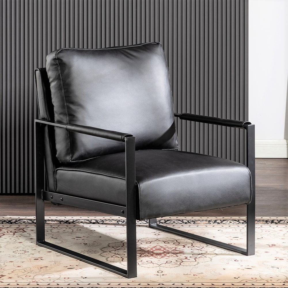 MOONMISS Mid-Century Modern Accent Chair,Black Square Metal Frame with Thick Cushion,Black PU
