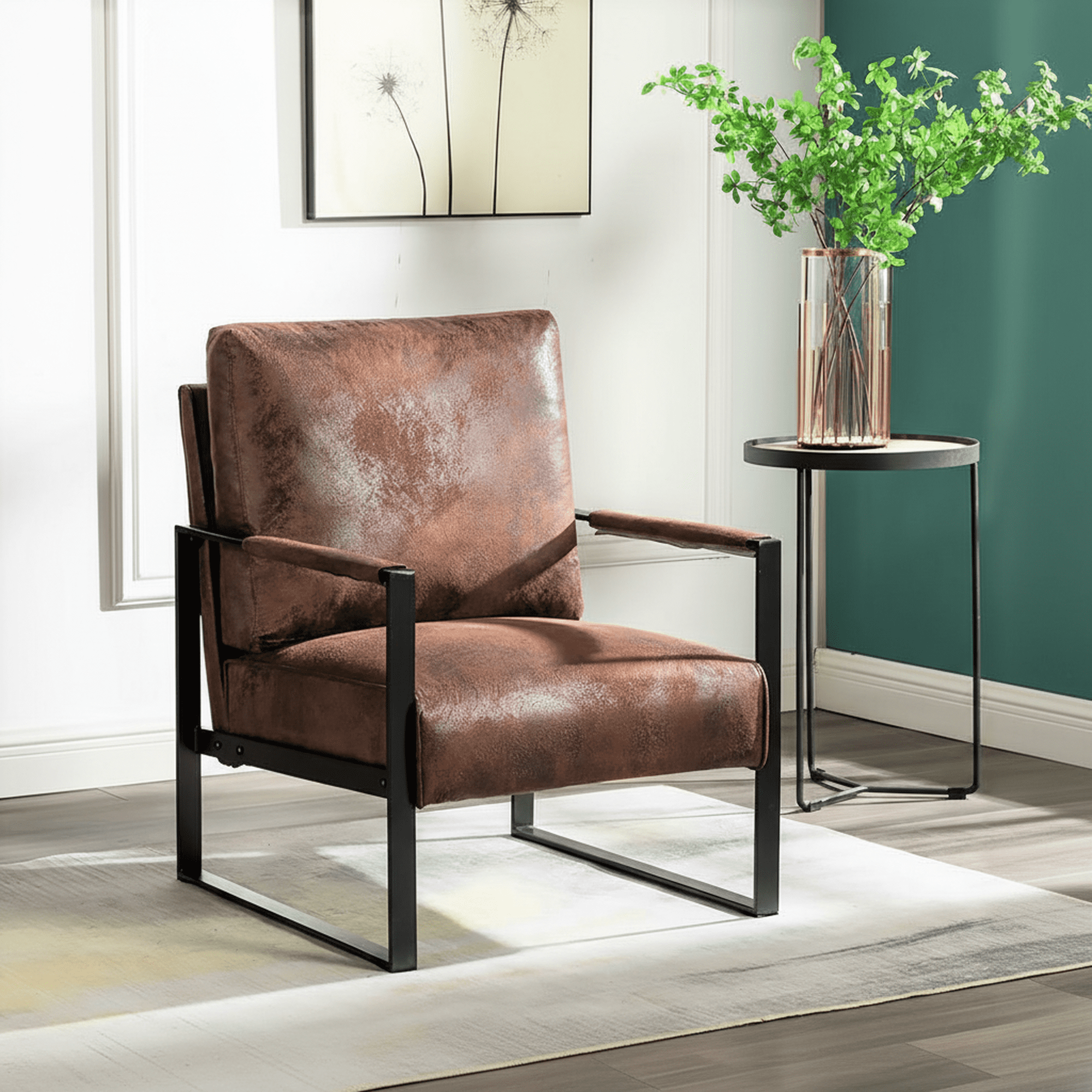 MOONMISS Mid-Century Modern Accent Chair,Black Square Metal Frame with Thick Cushion,Brown
