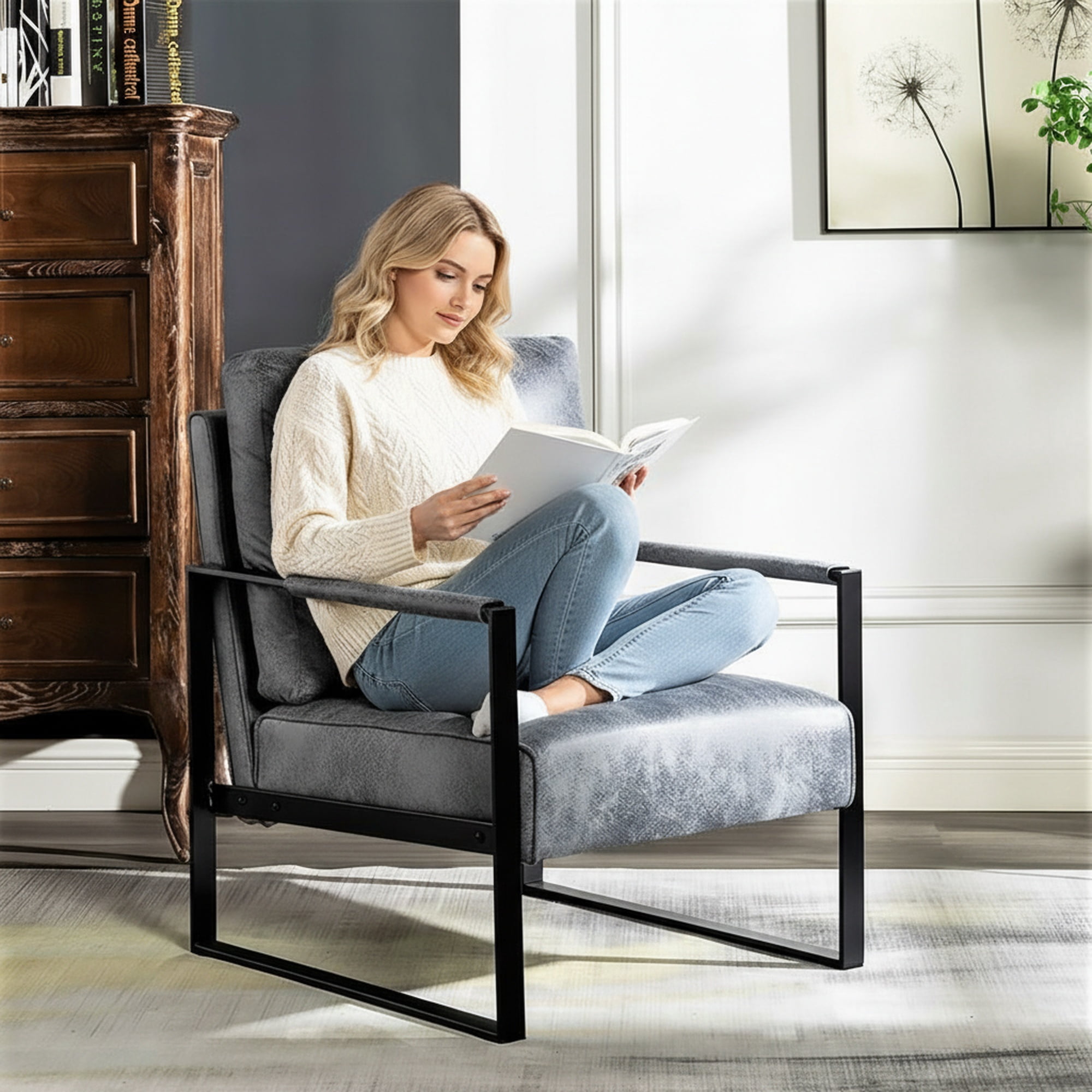 MOONMISS Mid-Century Modern Accent Chair,Black Square Metal Frame with Thick Cushion,Gray