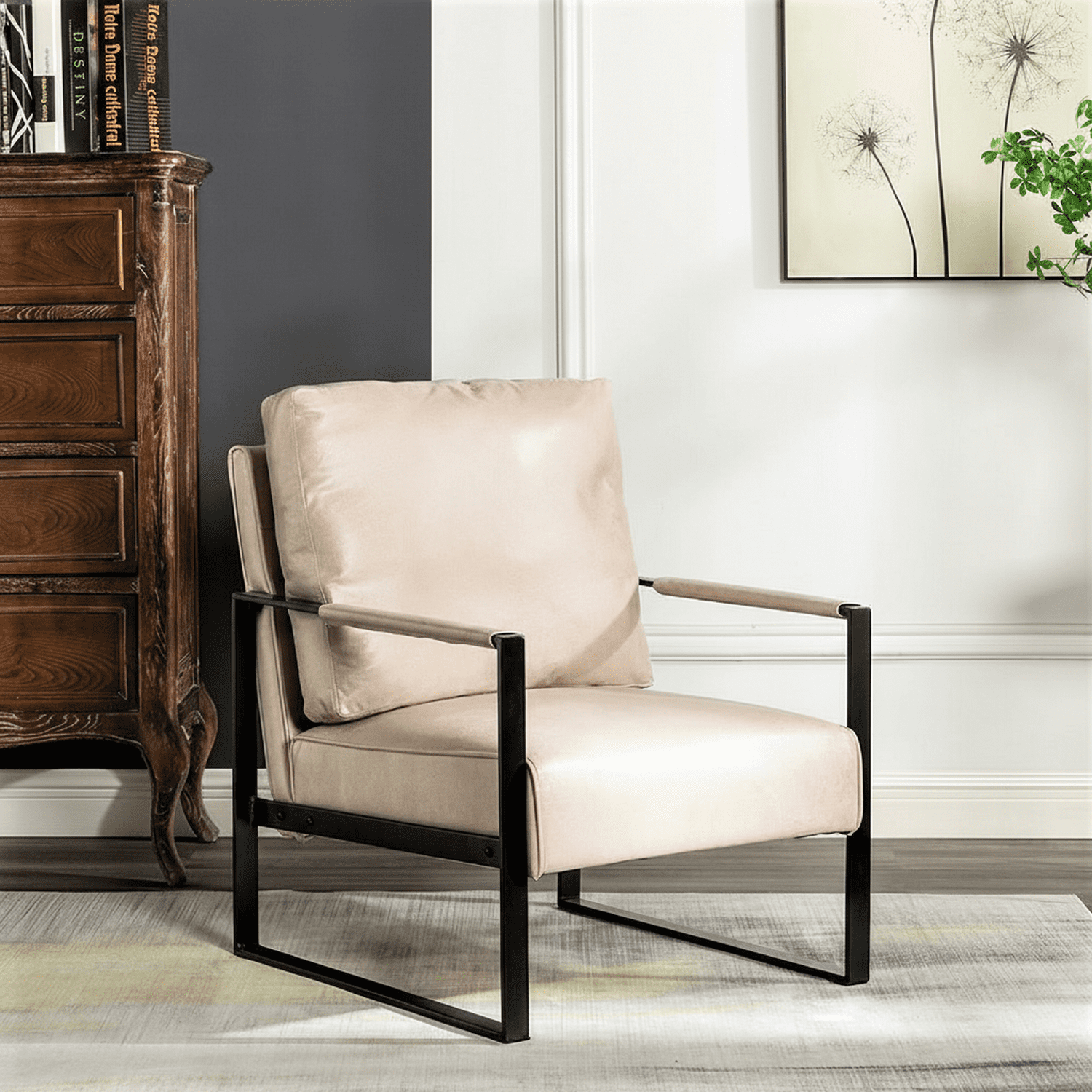 MOONMISS Mid-Century Modern Accent Chair,Black Square Metal Frame with Thick Cushion,Light Camel