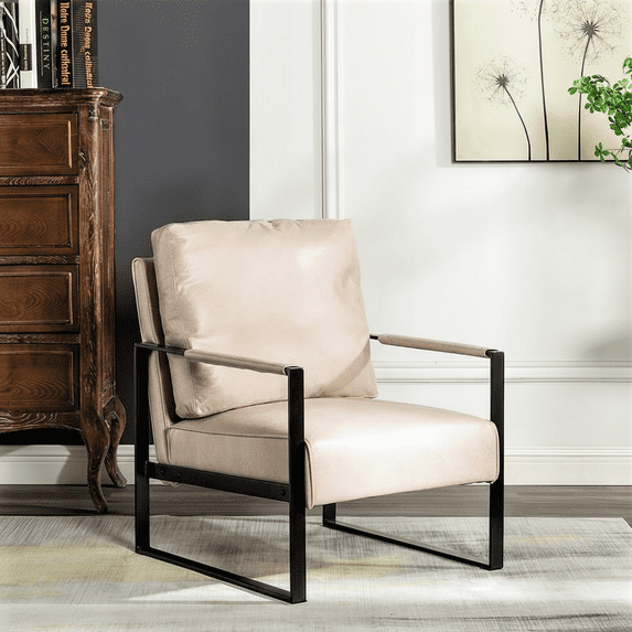 MOONMISS Mid-Century Modern Accent Chair,Black Square Metal Frame with Thick Cushion,Light Camel