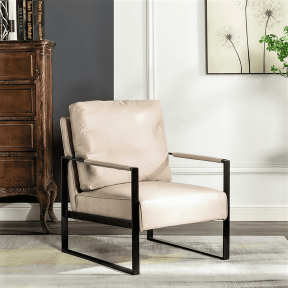 MOONMISS Mid-Century Modern Accent Chair,Black Square Metal Frame with Thick Cushion,Light Camel
