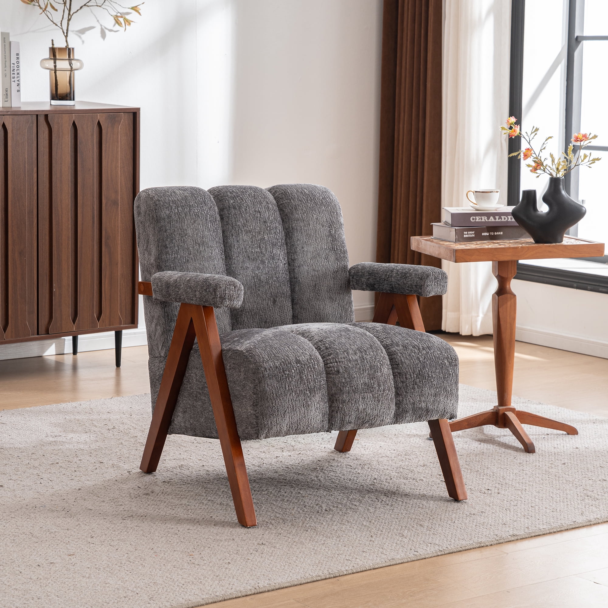MOONMISS Mid Century Modern Accent Chair with Solid Wood Frame, Boucle Upholstered Living Room Chairs with Thick Cushion, Comfy Tufted Arm Chair for Bedroom,Gray