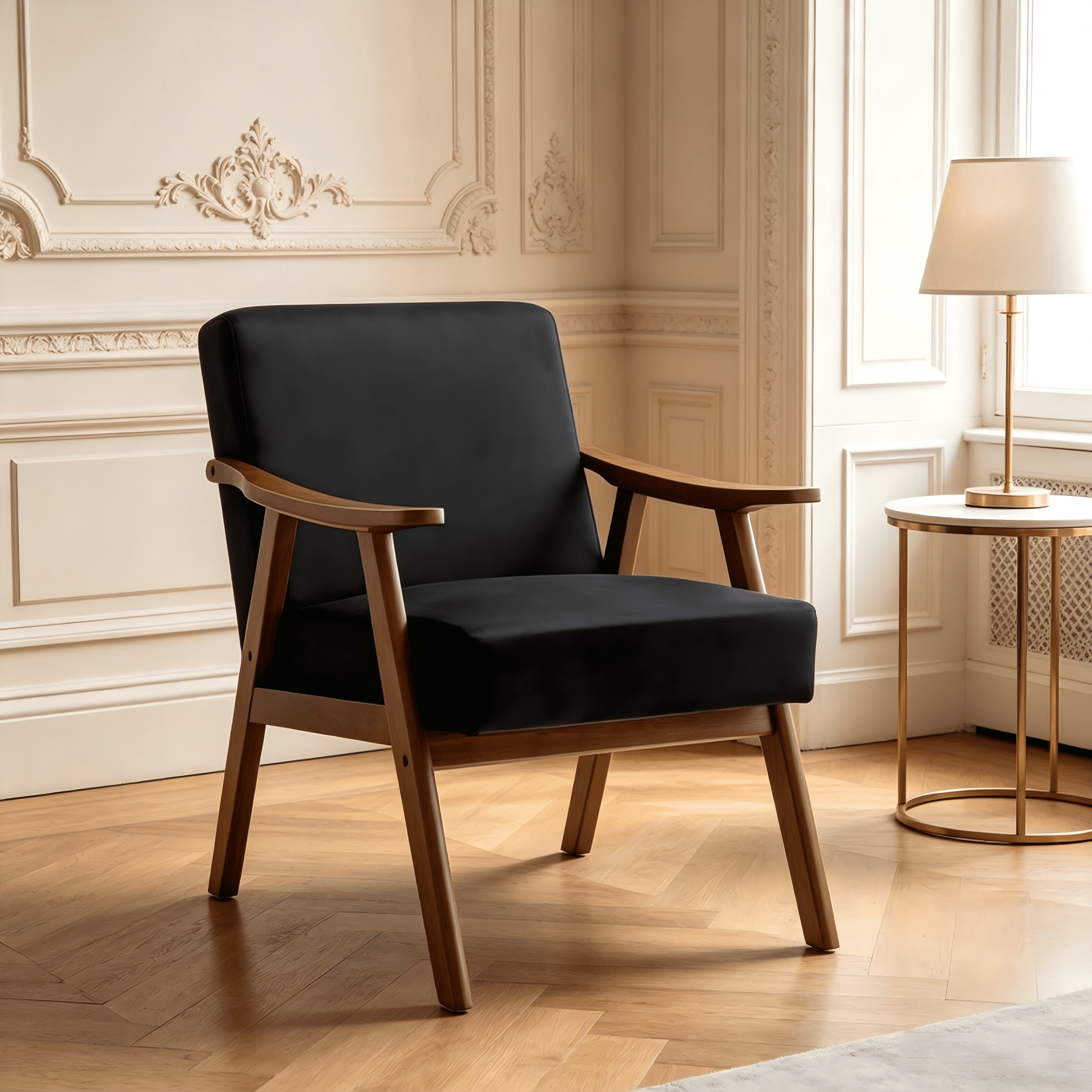 MOONMISS Mid Century Modern Accent Chair Solid Wood Frame Microfiber Living Room,Black Velvet