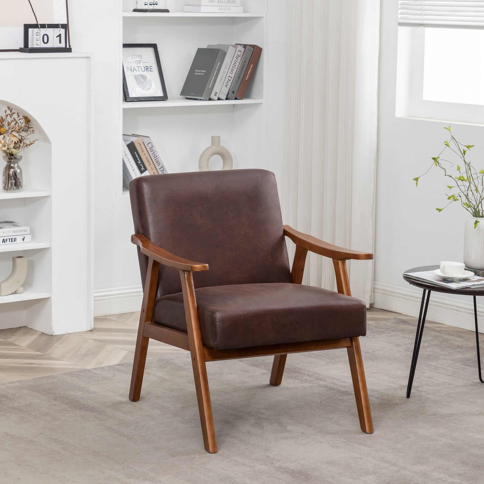 MOONMISS Mid Century Modern Accent Chair Solid Wood Frame Microfiber Living Room,Dark Brown