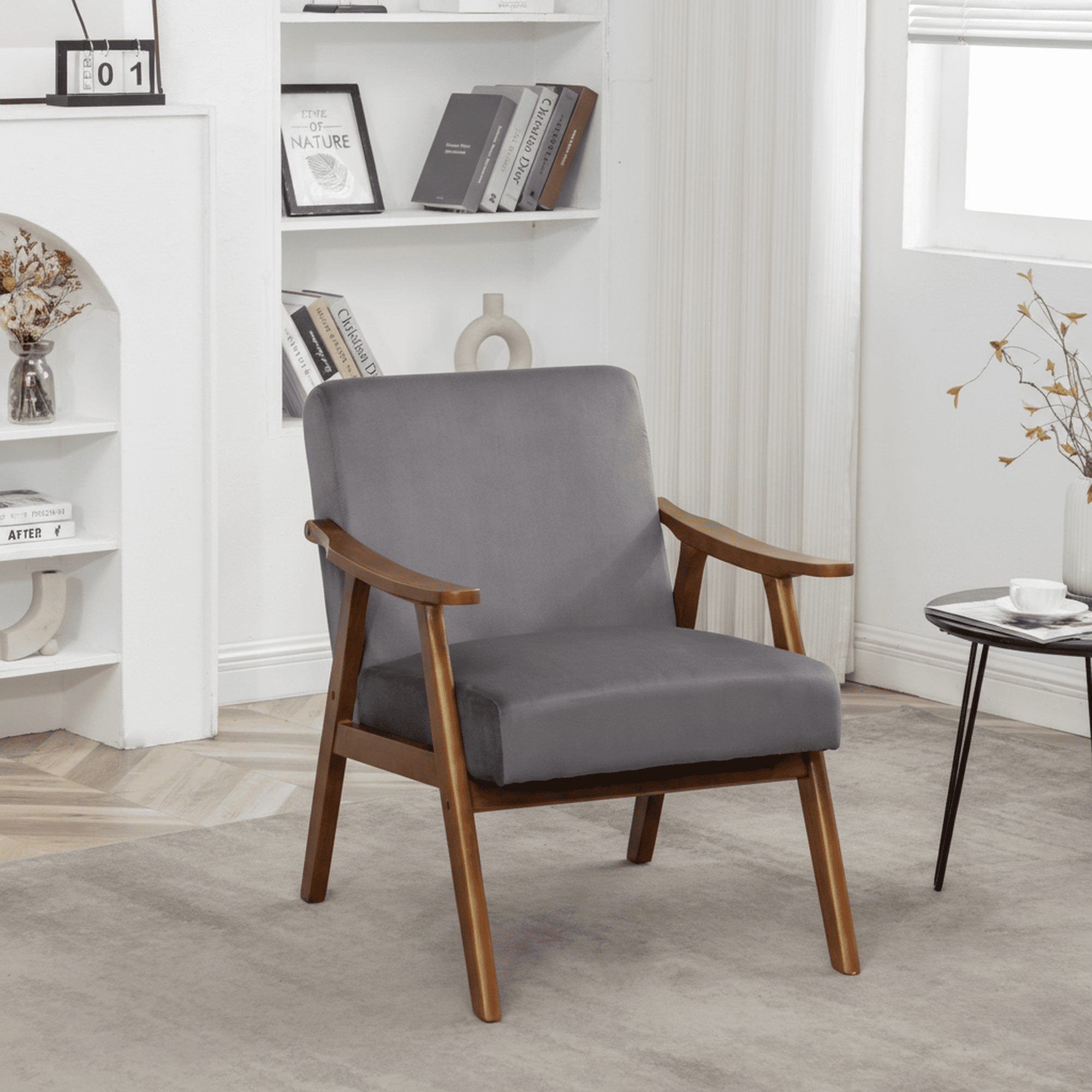 MOONMISS Mid Century Modern Accent Chair Solid Wood Frame Microfiber Living Room,Gray Velvet