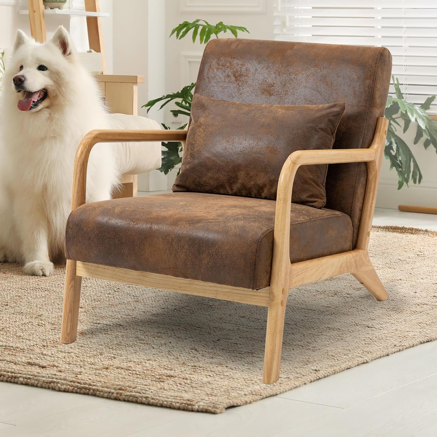 MOONMISS Mid-Century Modern Accent Chair, Velvet Fabric Arm Chair with Wood Frame and Pillow, Upholstered Armchair Comfort Reading Chair Lounge Chair for Living Room Bedroom Sunroom,Brown