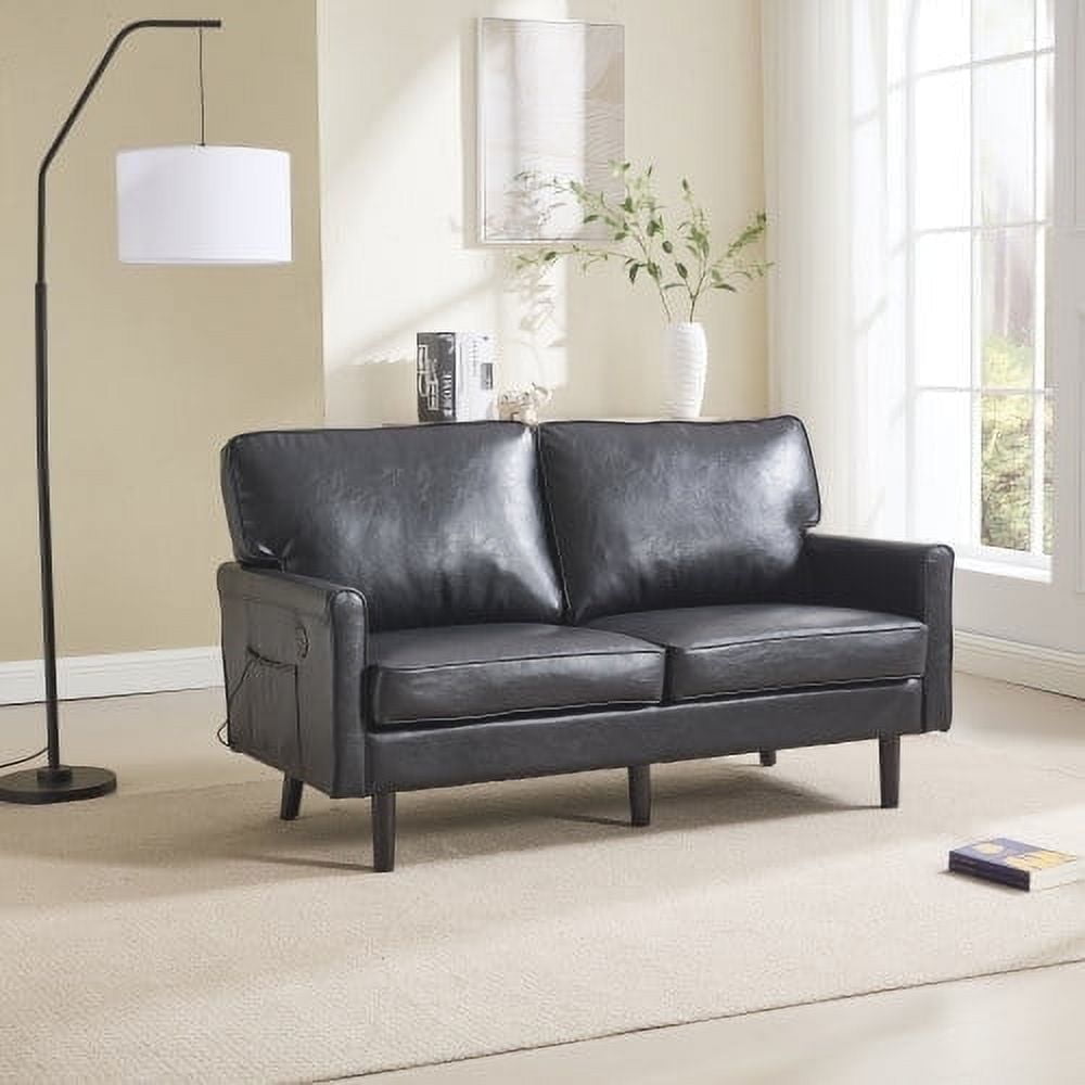 MOONMISS Mid Century Modern Loveseat,with USB & Demountable Pillow Cover for Living Room Bedroom,Black PU