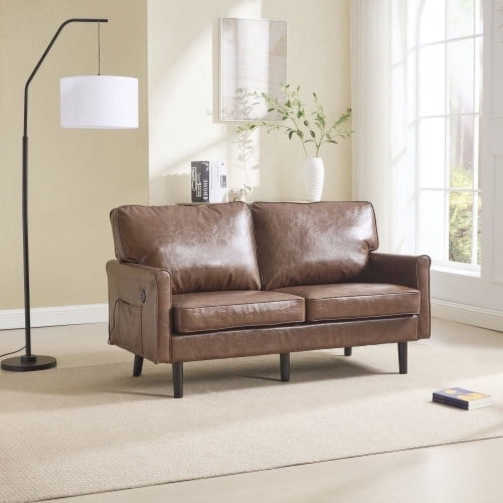 MOONMISS Mid Century Modern Loveseat,with USB & Demountable Pillow Cover for Living Room Bedroom,Brown PU