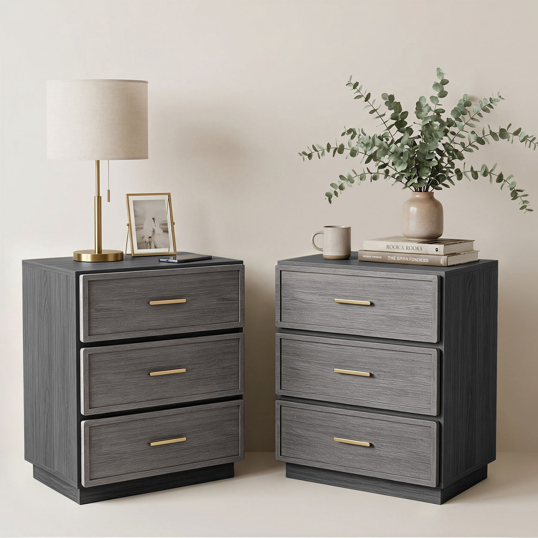 MOONMISS Modern 3-Drawer Nightstand Set of 2,Bedside Table with Sturdy Base & Gold Handles for Bedroom,Living Room,Gray