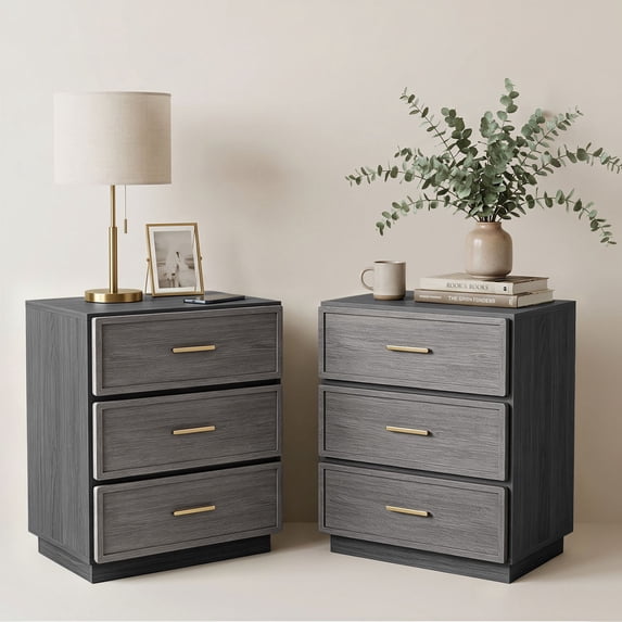 MOONMISS Modern 3-Drawer Nightstand Set of 2,Bedside Table with Sturdy Base & Gold Handles for Bedroom,Living Room,Gray