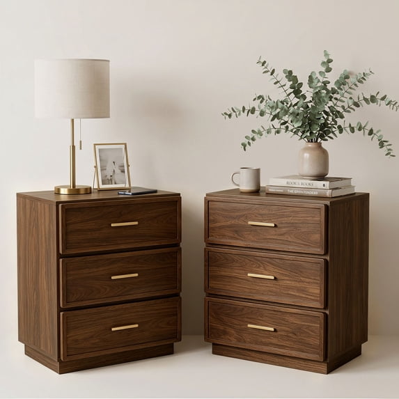 MOONMISS Modern 3-Drawer Nightstand Set of 2,Bedside Table with Sturdy Base & Gold Handles for Bedroom,Living Room,Walnut Finish