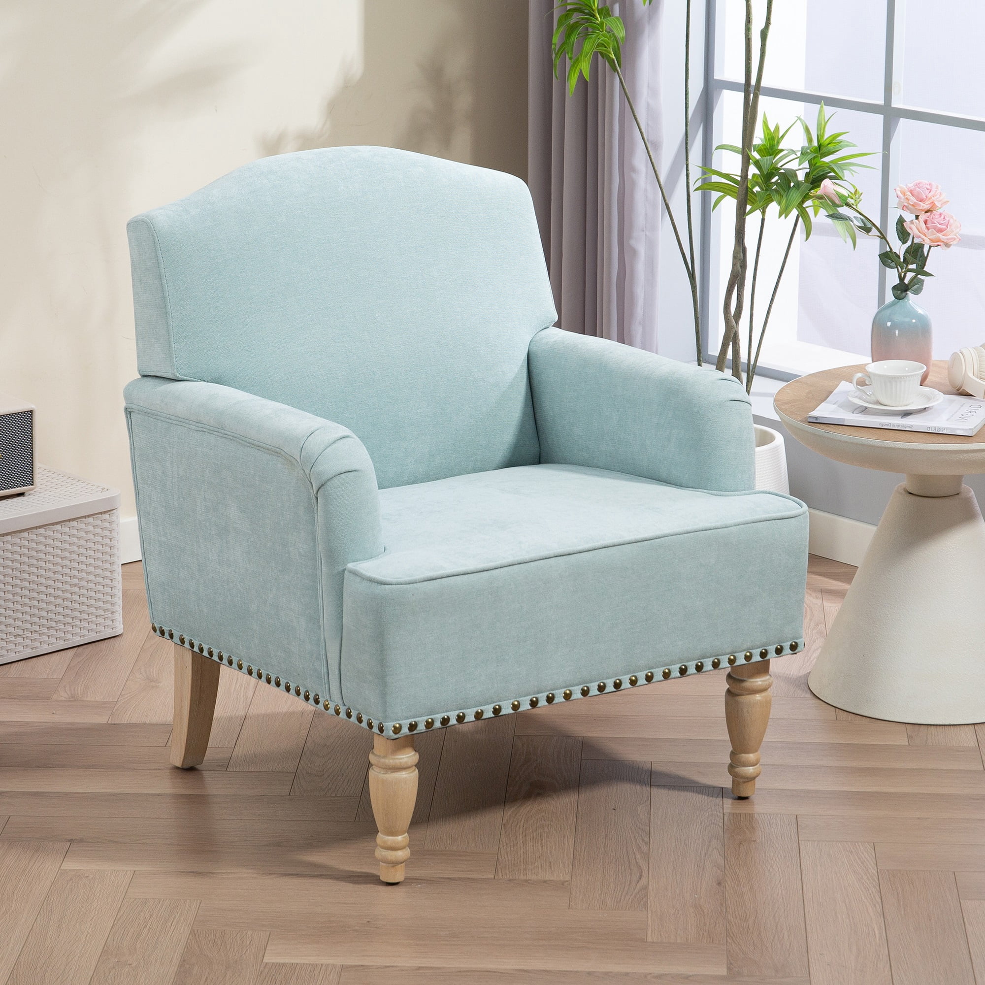 MOONMISS Modern Accent Chair Capacity Retro Wood Legs Nailhead Trim Comfy Upholstered Armchair for Living Room Bedroom,Light blue